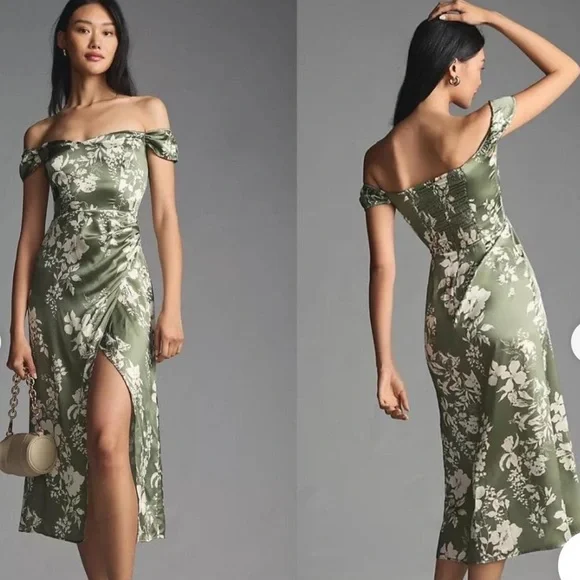 Reformation | Dresses | Reformation Green Floral Offshoulder Midi Dress |  Poshmark